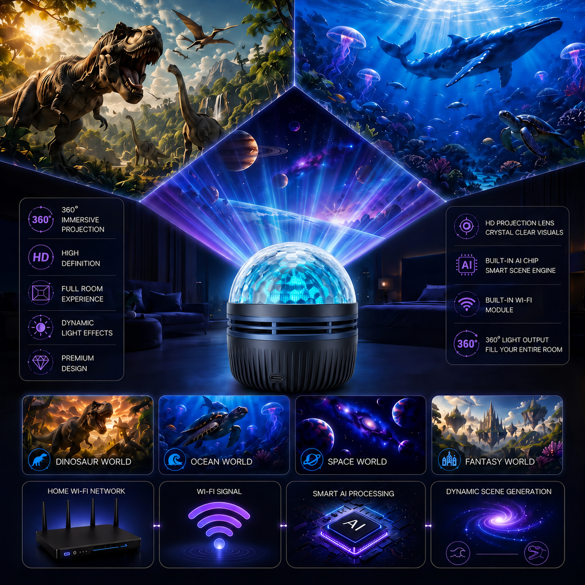 360 degree galaxy ambient room projector with multiple visual themes