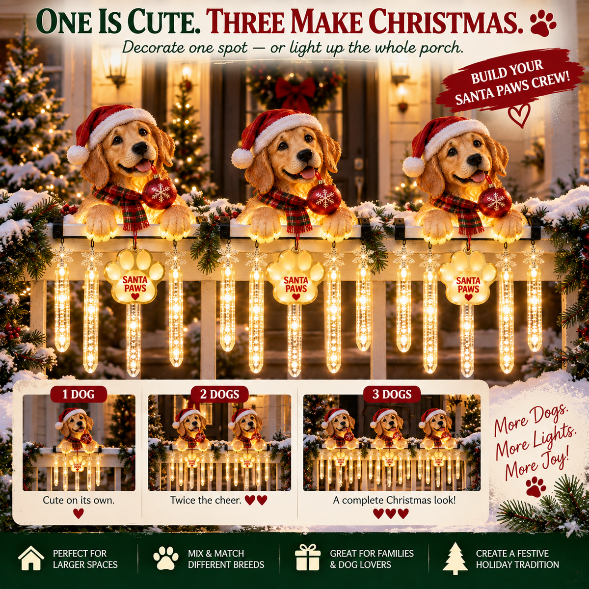 Multiple Santa Paws Christmas decorations on porch railing