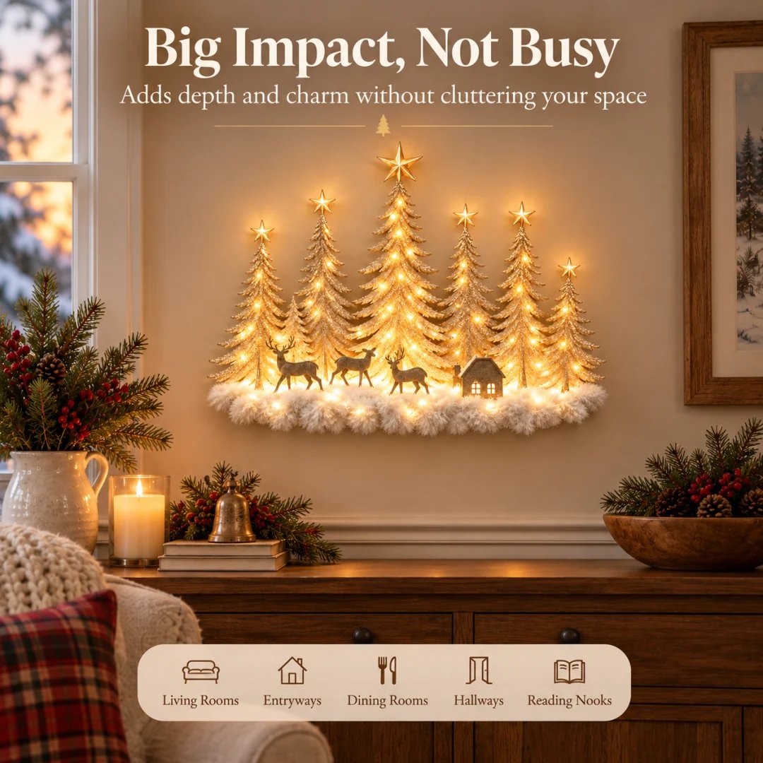 Christmas woodland wall decor in cozy home interior