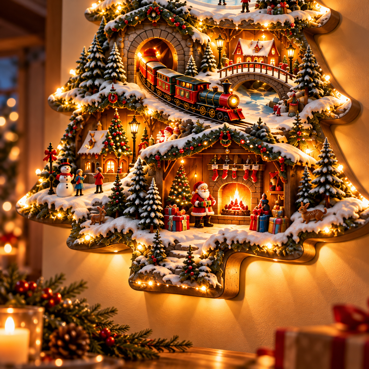 🎄✨ Christmas Wonderland – 3D Lighted Christmas Tree Wall Art with Magical Winter Village