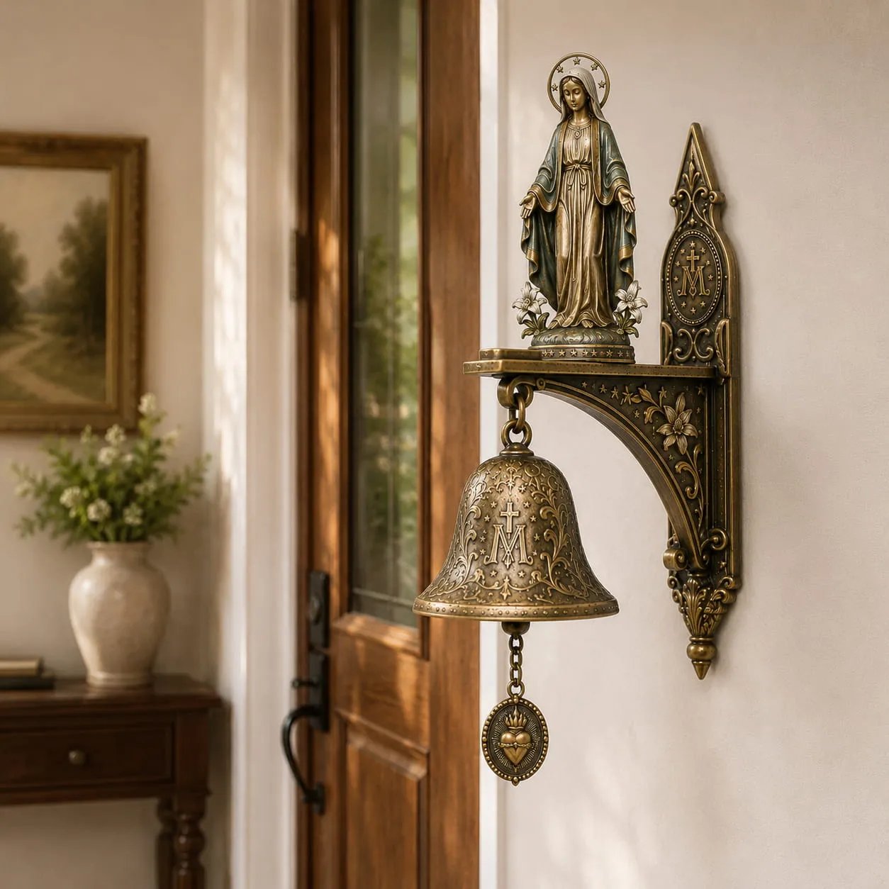 ✨Our Lady of Grace Bronze Miraculous Medal Wall Bell | 🙏Catholic Religious Home & Garden Decor"