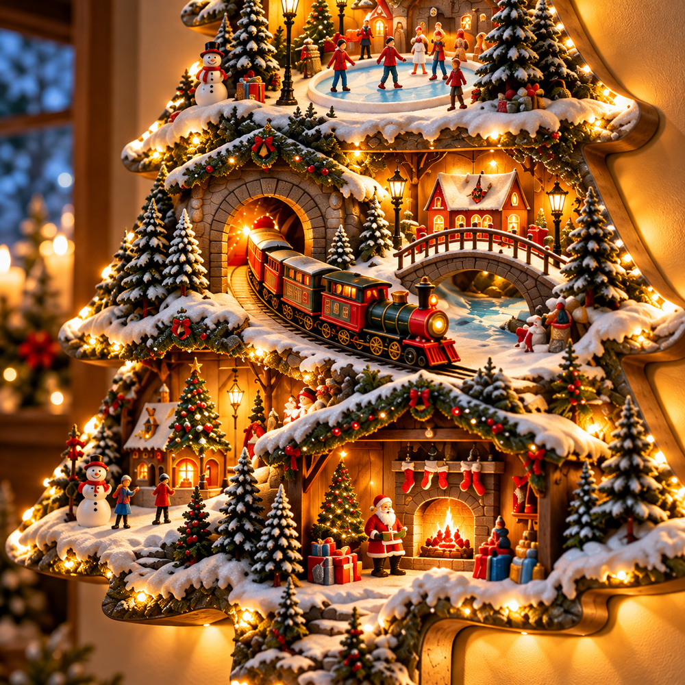 Christmas train and winter stone bridge details