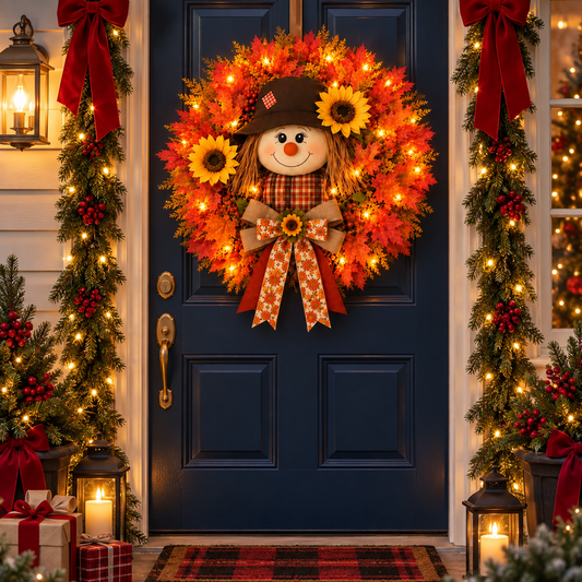 🔥🍁 Fall Favorite – Lighted Scarecrow Front Door Wreath