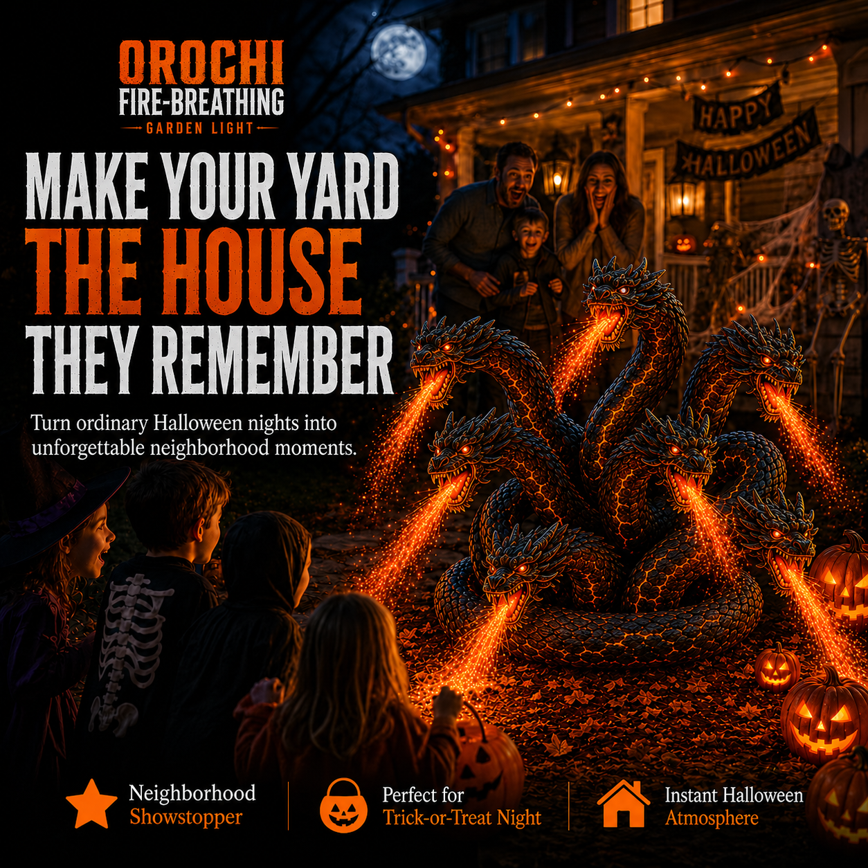 Halloween Orochi fire breathing garden light family yard display