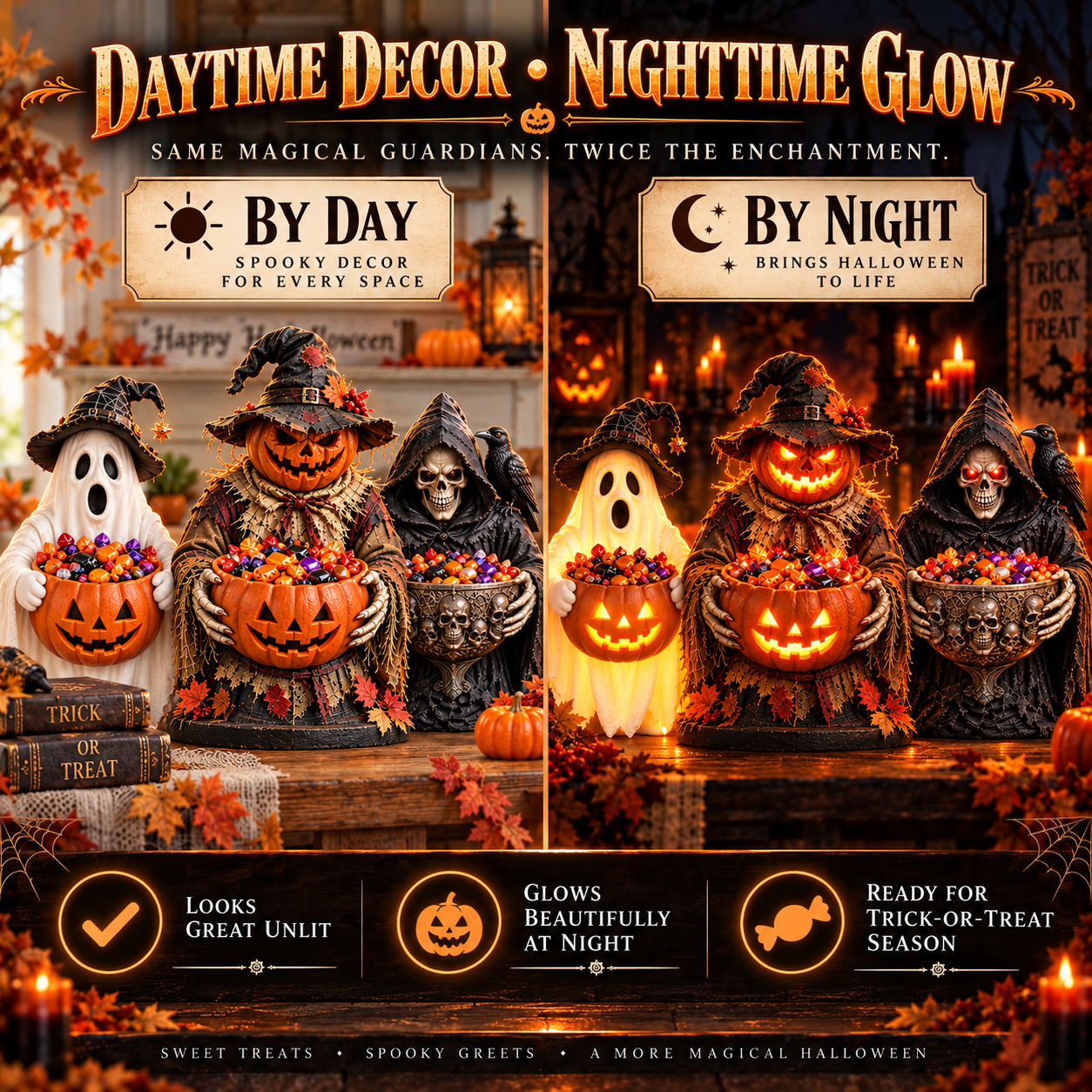 Halloween Guardian candy bowl daytime and nighttime display