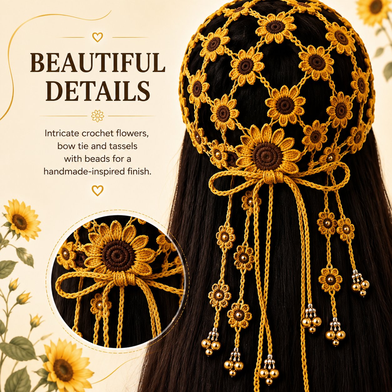🌻 Sunflower Crochet Baseball Cap – Breathable Boho Hat with Floral Tassels