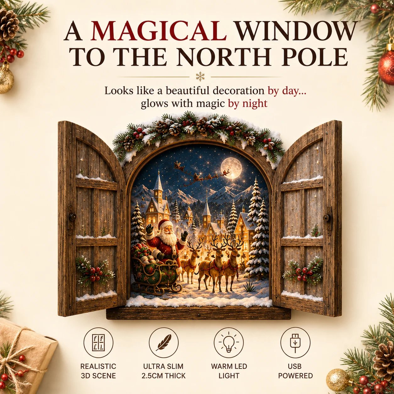 🎄 Santa’s Secret Window Light – 3D LED North Pole Christmas Wall Decor