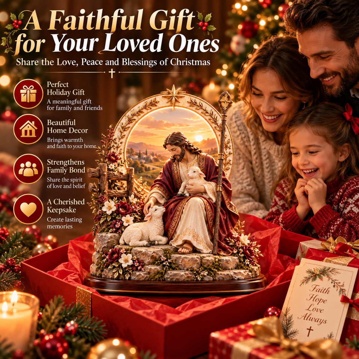 ✝️ Light of Grace™ – 3D Lighted Jesus & Virgin Mary Shepherd Blessing Sculptures