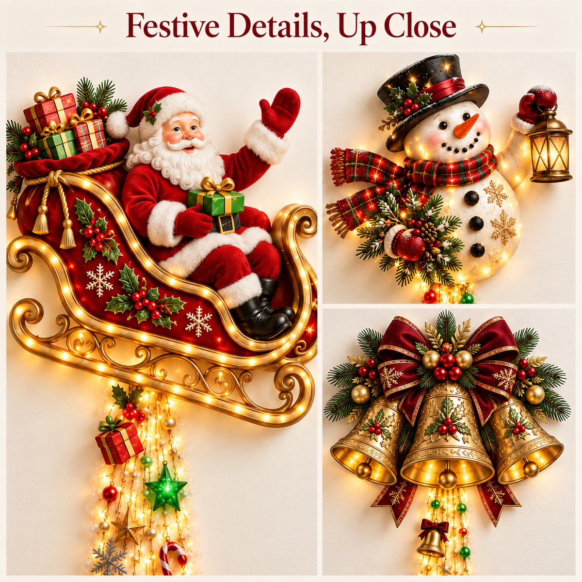 Close-up views of the Santa sleigh, Snowman with lantern, and golden Christmas Bells decorative toppers