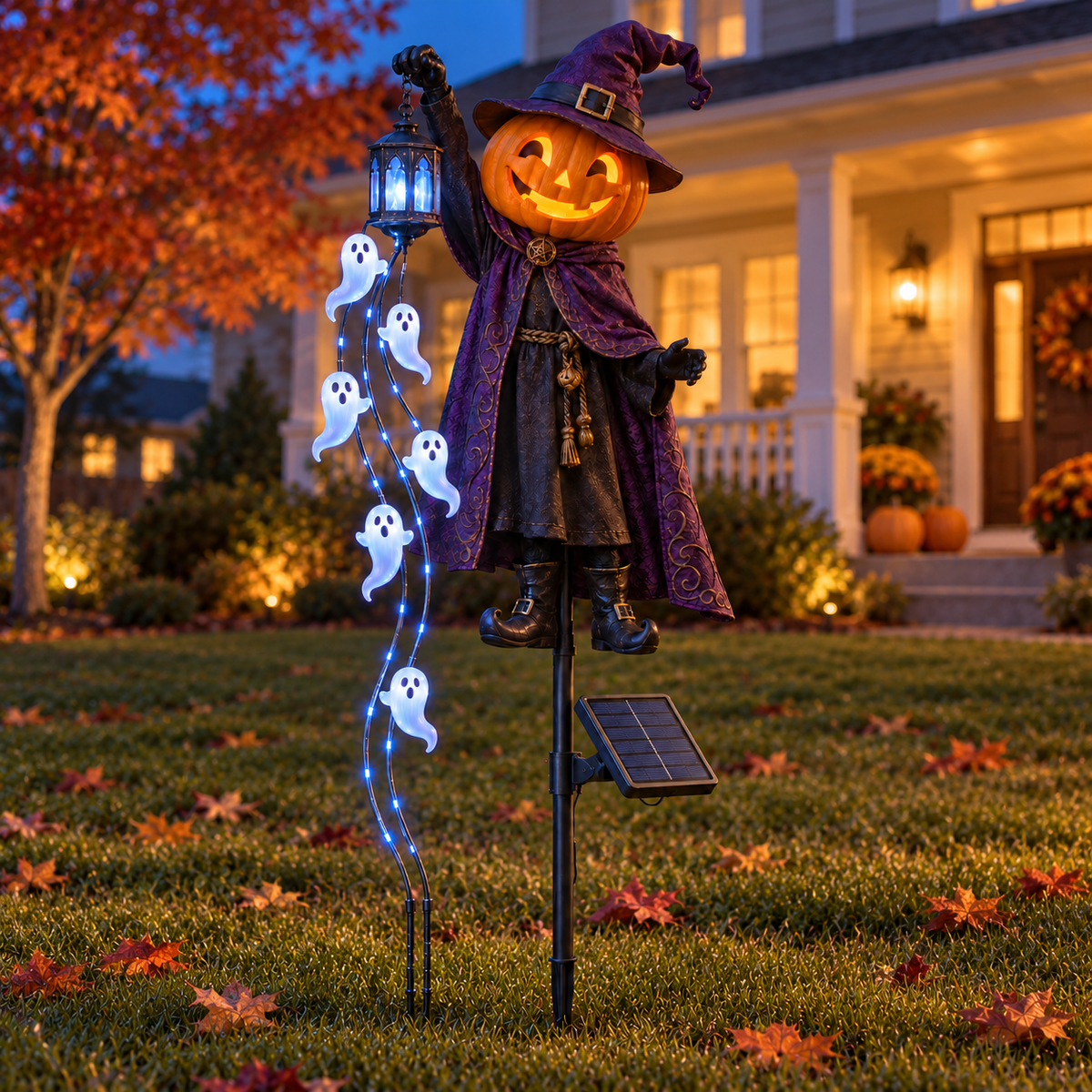 🎃 Halloween Sale 👻 Pumpkin Wizard Solar Garden Light with Glowing Ghost Cascade