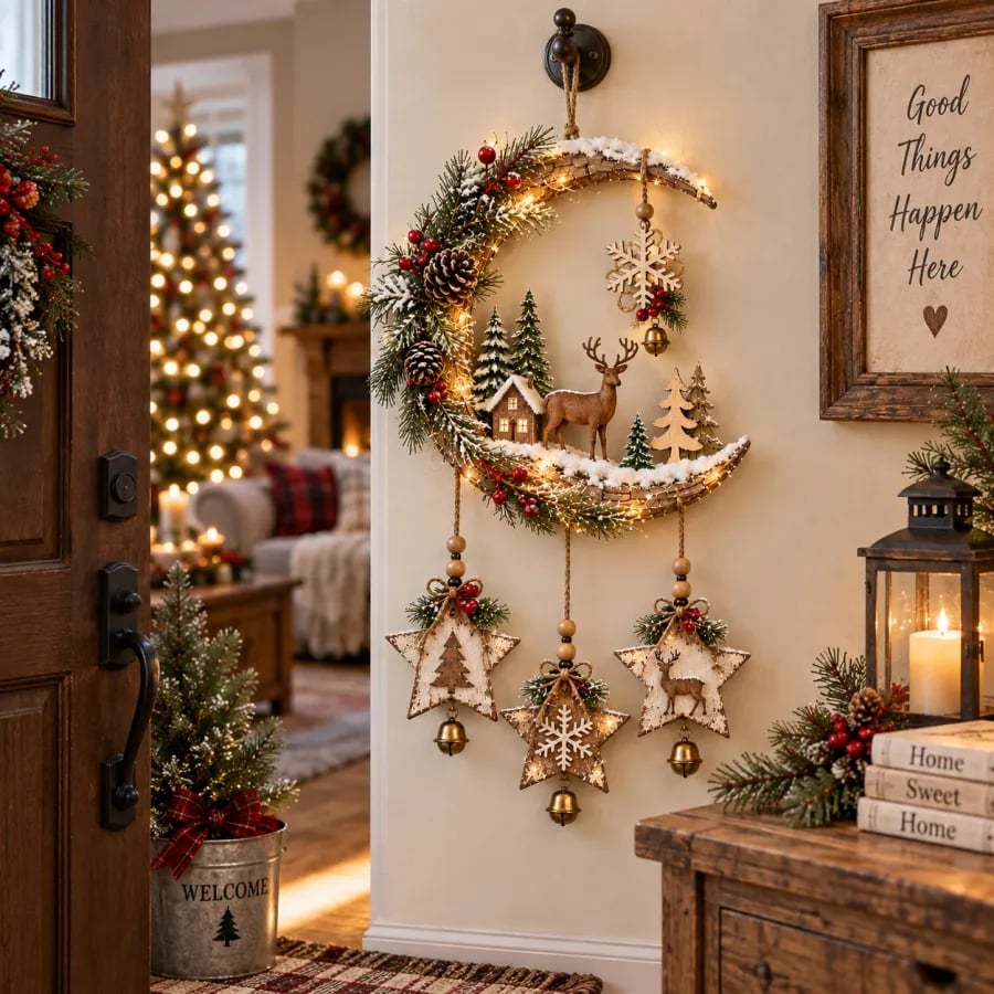 🌙🦌Lighted Rustic Christmas Crescent Moon Wall Decor