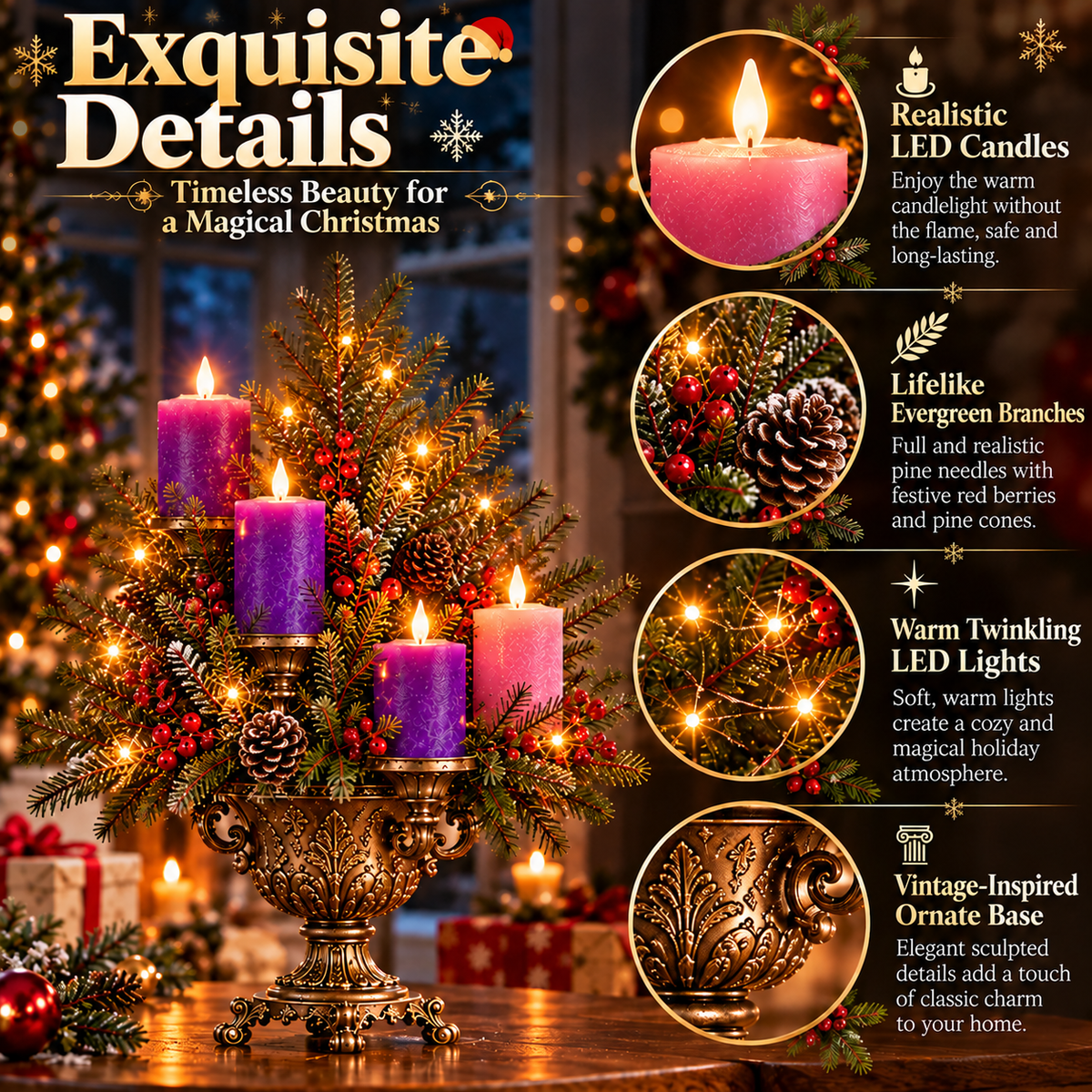 🎄Vintage Christmas Evergreen Candelabra™ – 4-Candle LED Christmas Tree Centerpiece