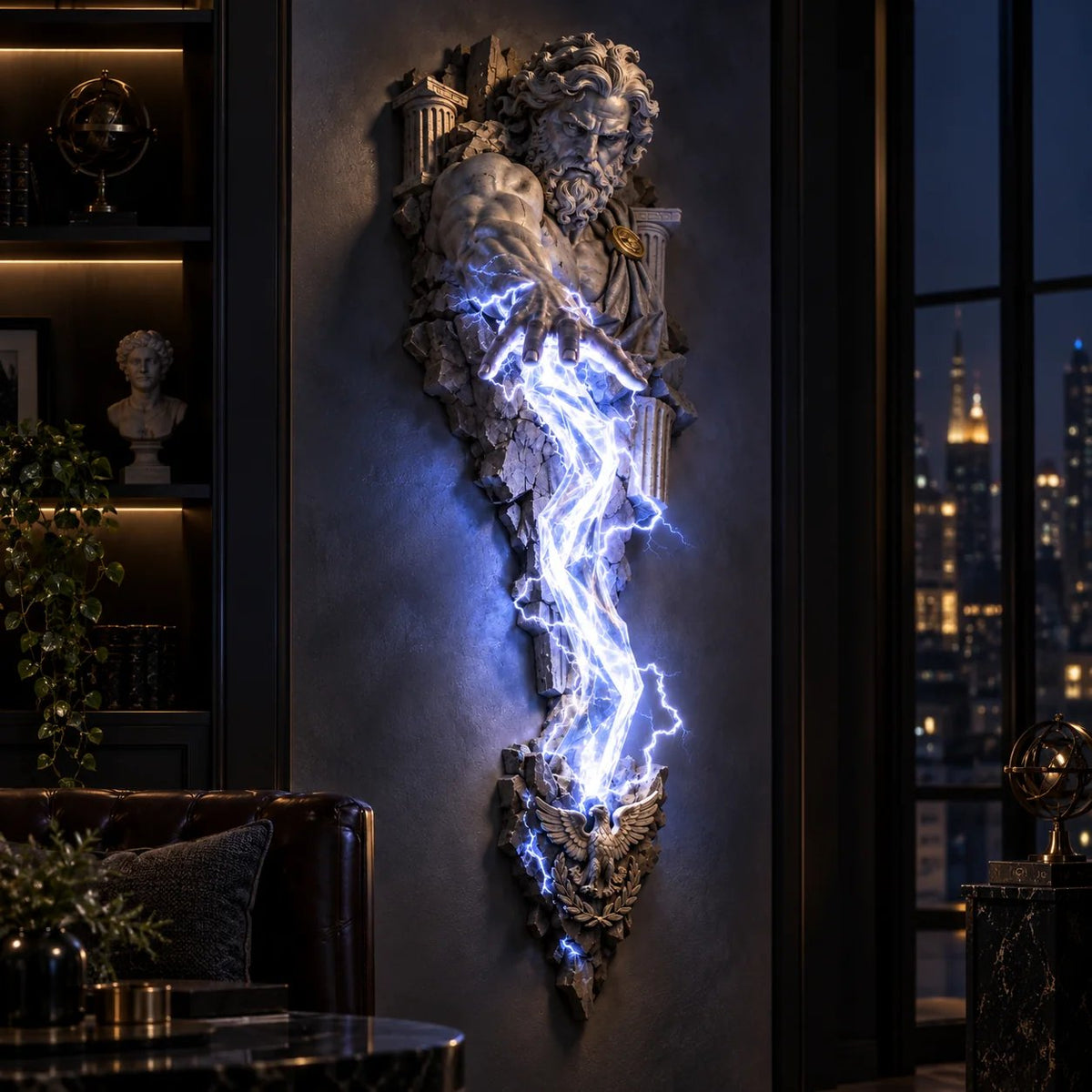 Zeus mythological wall sculpture displayed at night