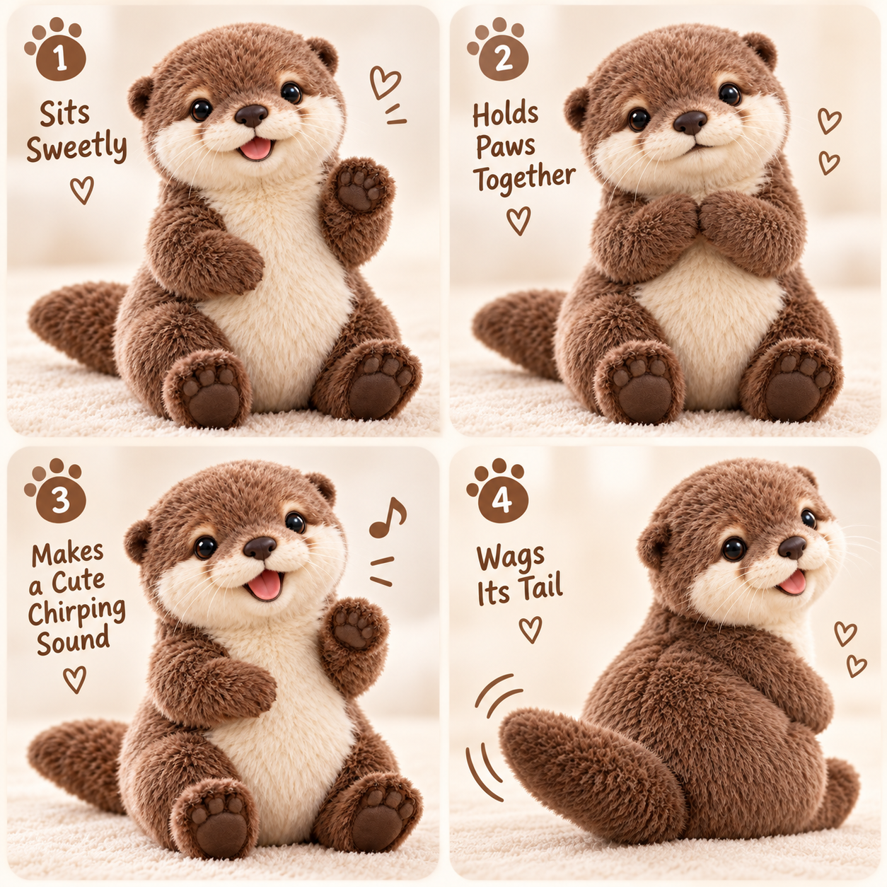 Otter Buddy sitting, holding paws together, chirping and wagging tail