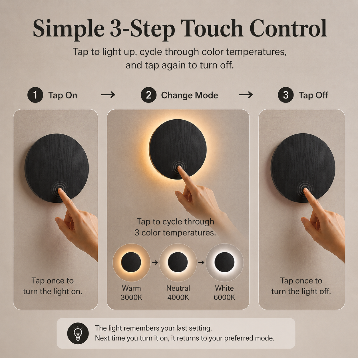 Minimalist Round LED Touch Sconce | 3 Color Modes