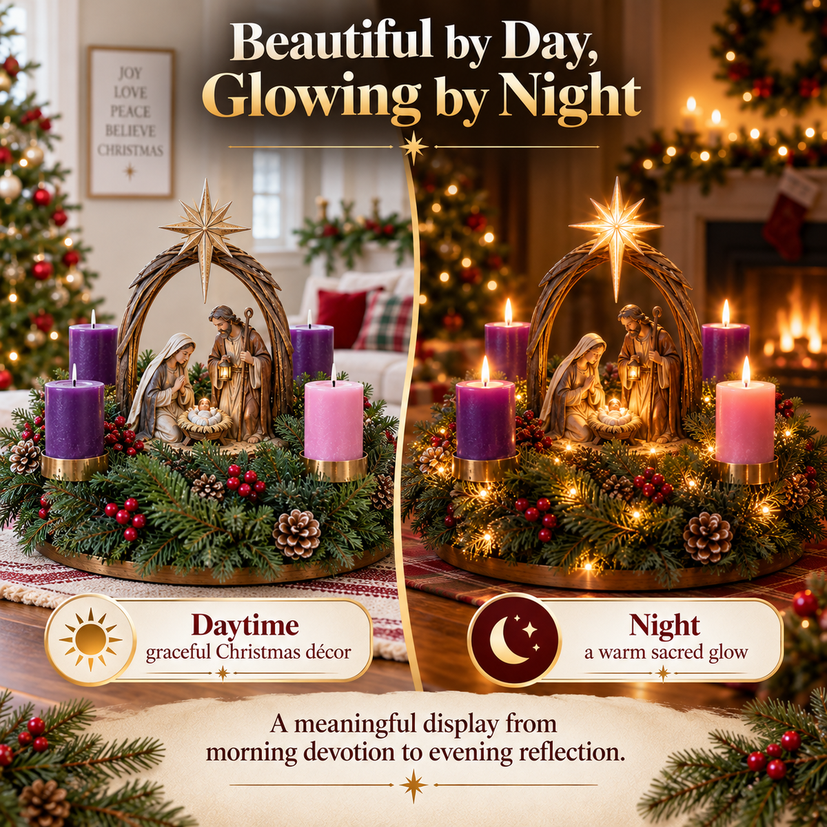 Advent wreath beautiful by day glowing by night
