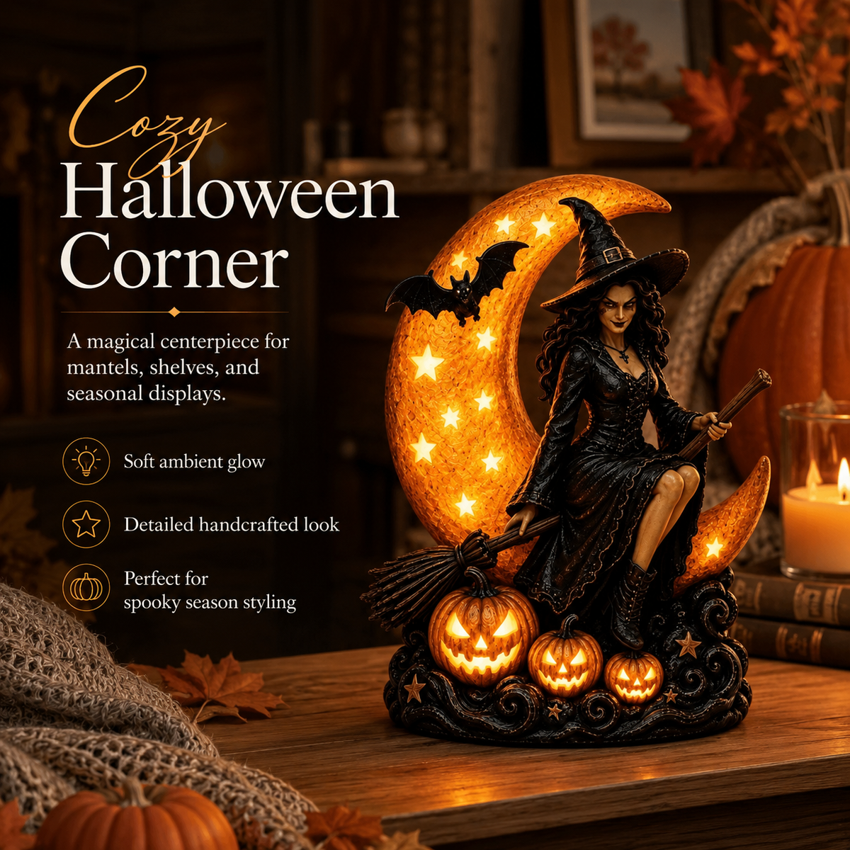 🔥🎃60% OFF Lighted Witch on Crescent Moon with Pumpkins LED Halloween Tabletop Lamp