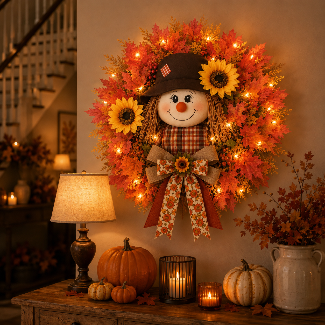 🔥🍁 Fall Favorite – Lighted Scarecrow Front Door Wreath