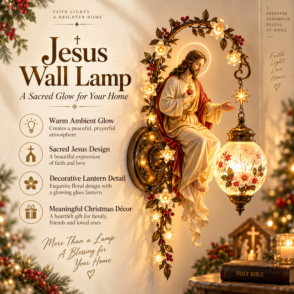 ✨ Sacred Light of Faith Wall Lamp – Jesus, Mary & Archangel Michael Christmas Collection