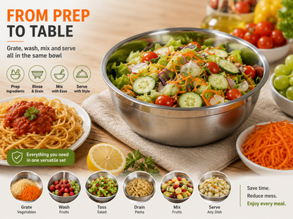 🥗 3-in-1 Stainless Steel Prep Bowl Set – Grate, Rinse, Mix & Serve