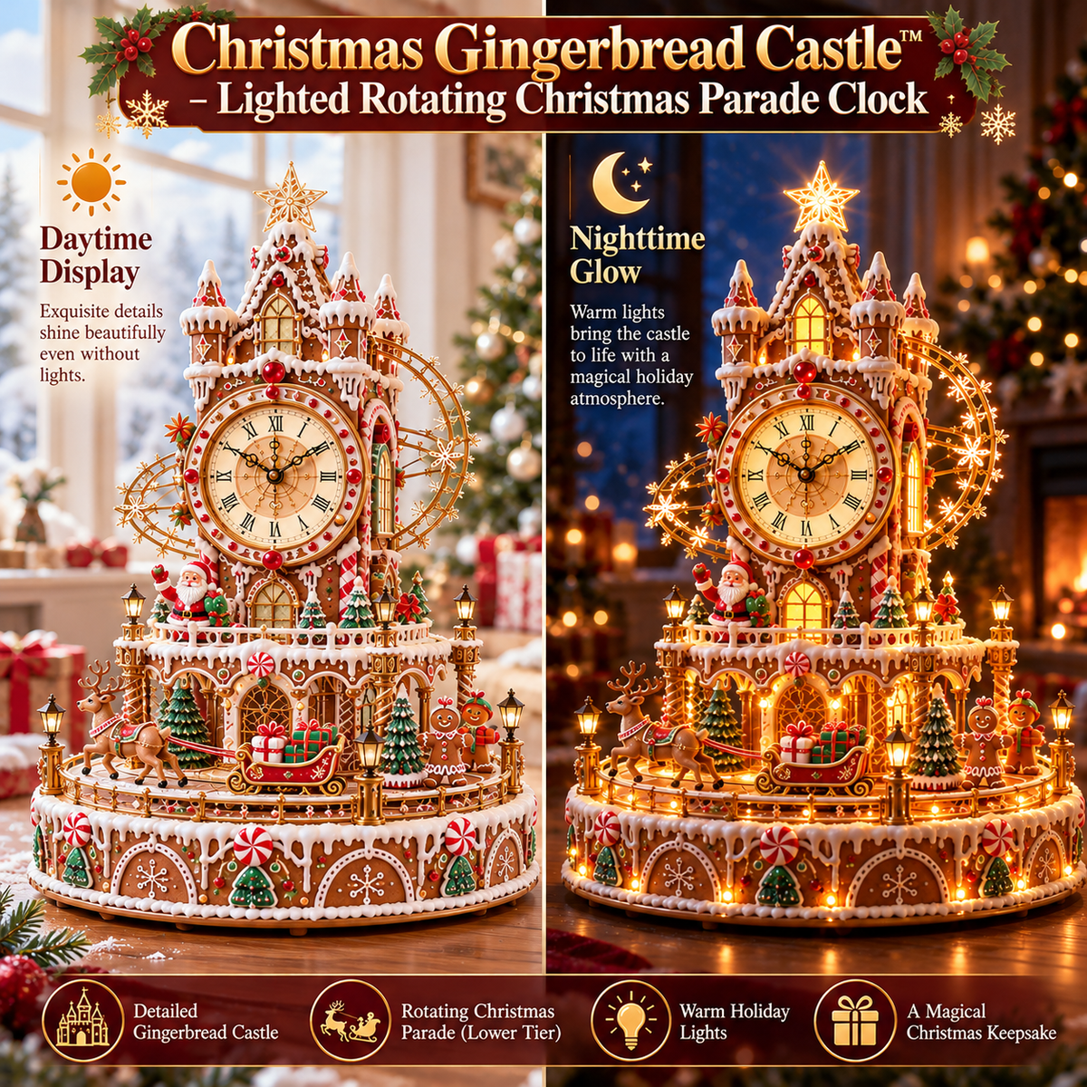 Daytime and nighttime comparison of the Christmas Gingerbread Castle