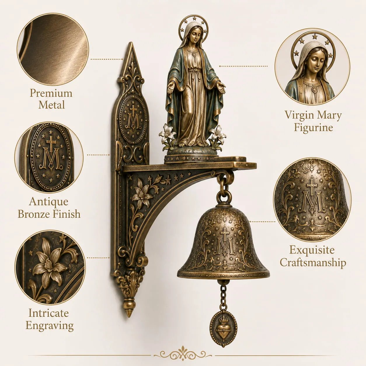 ✨Our Lady of Grace Bronze Miraculous Medal Wall Bell | 🙏Catholic Religious Home & Garden Decor"