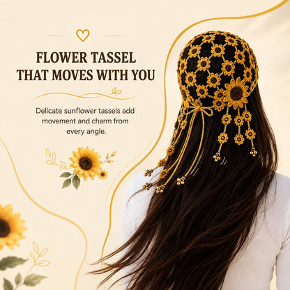 🌻 Sunflower Crochet Baseball Cap – Breathable Boho Hat with Floral Tassels