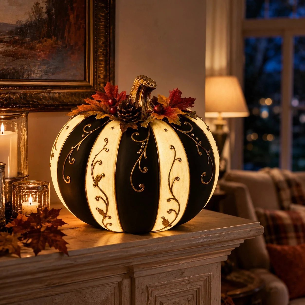 🎉Lighted Black & Ivory Pumpkin Decor with Remote