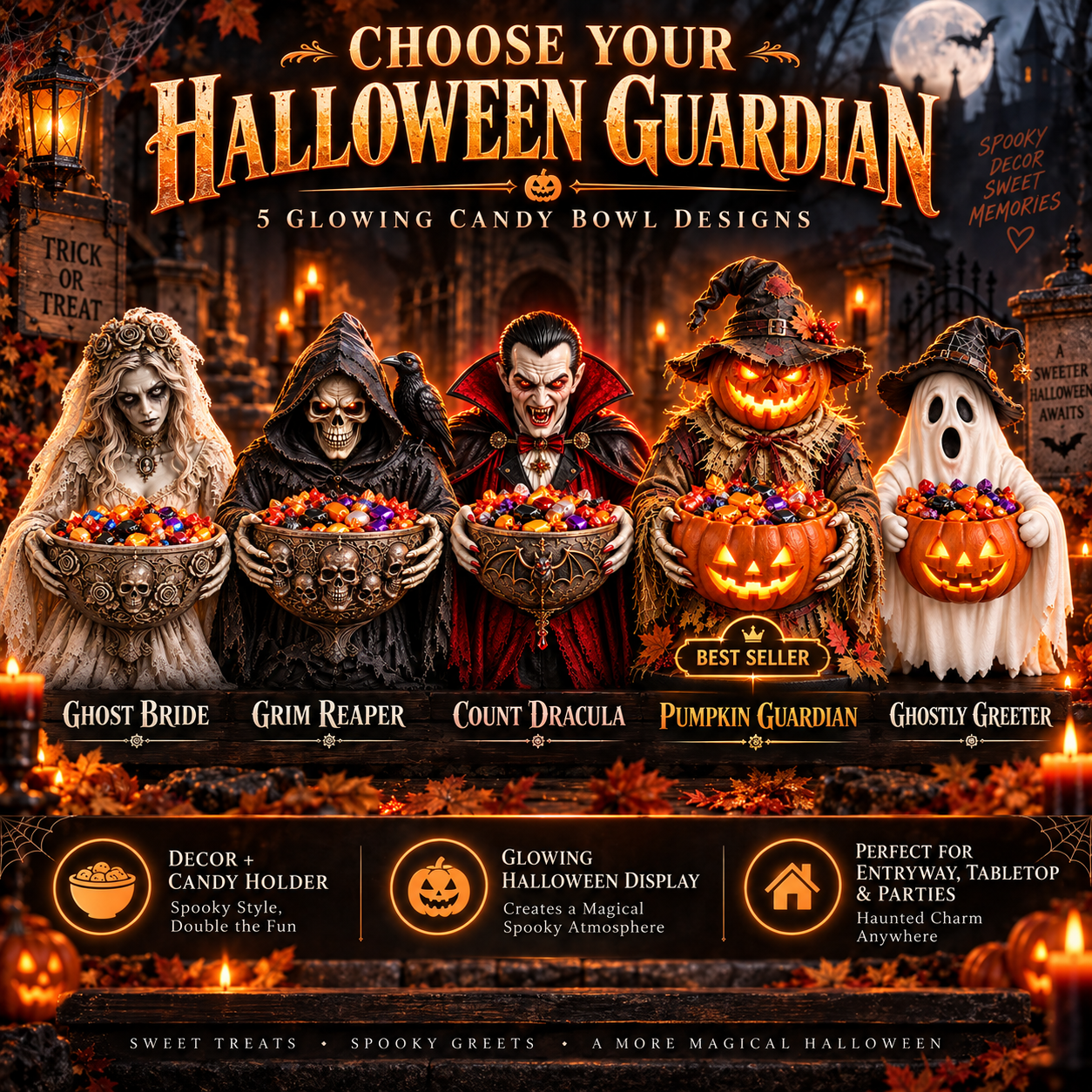 Five Halloween Guardian Candy Bowl designs