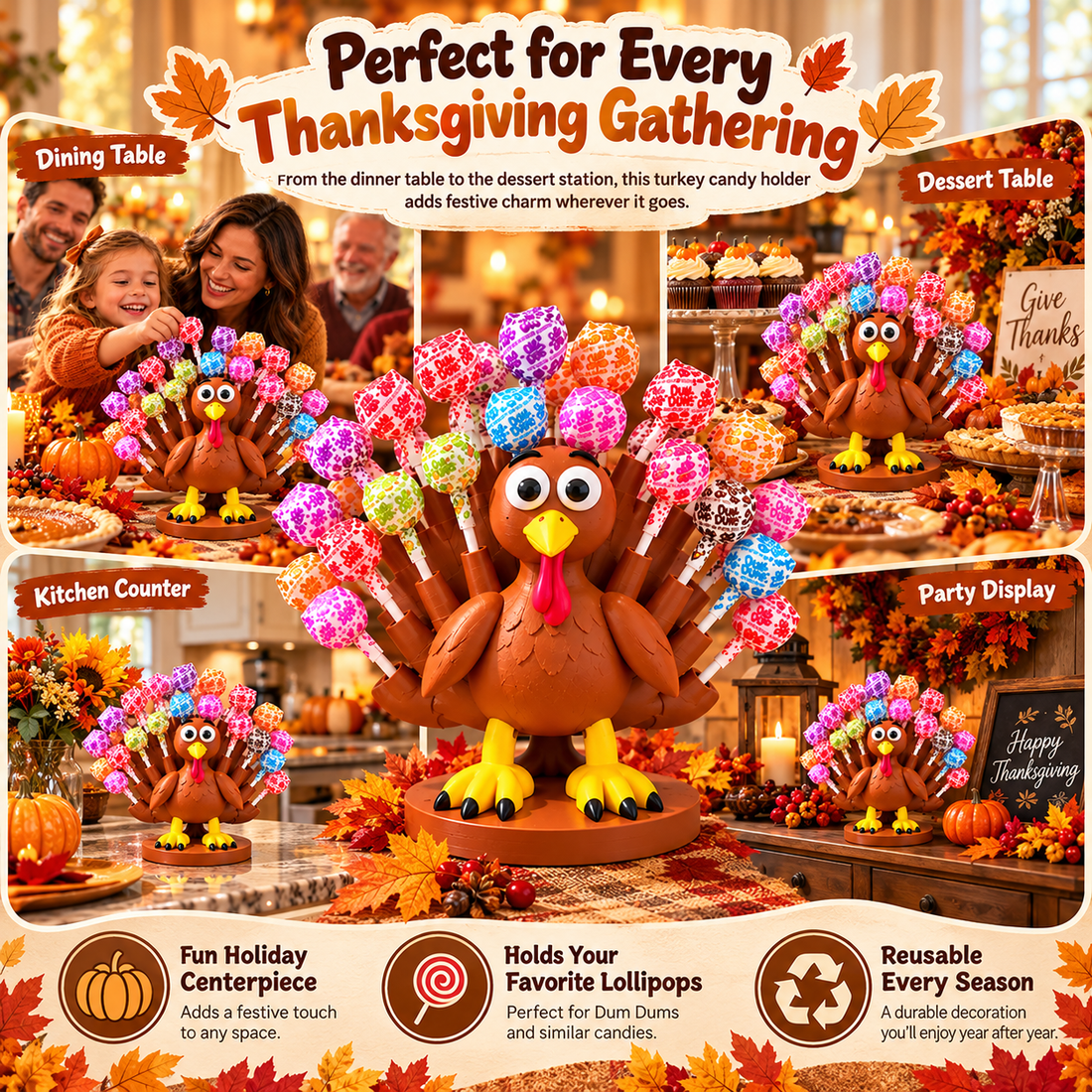 Four Thanksgiving decorating ideas with turkey lollipop holder
