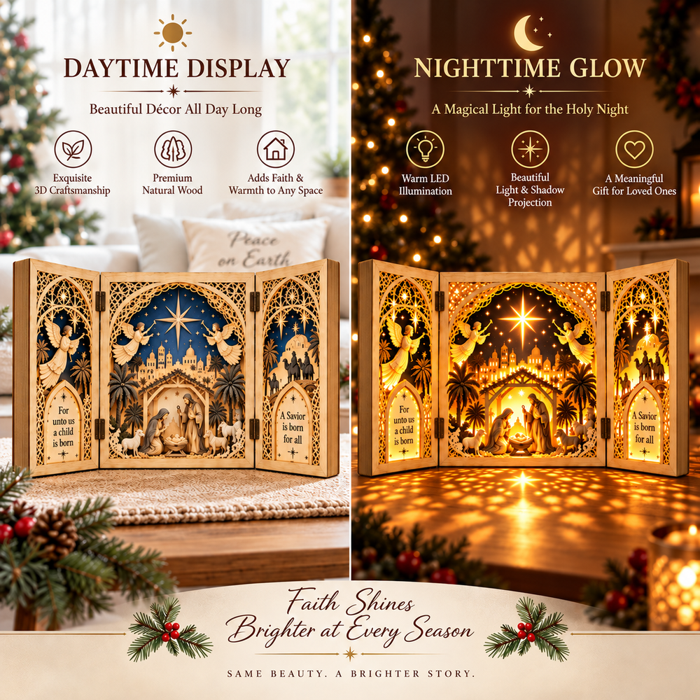 Daytime and nighttime comparison of the 3D Nativity book lamp