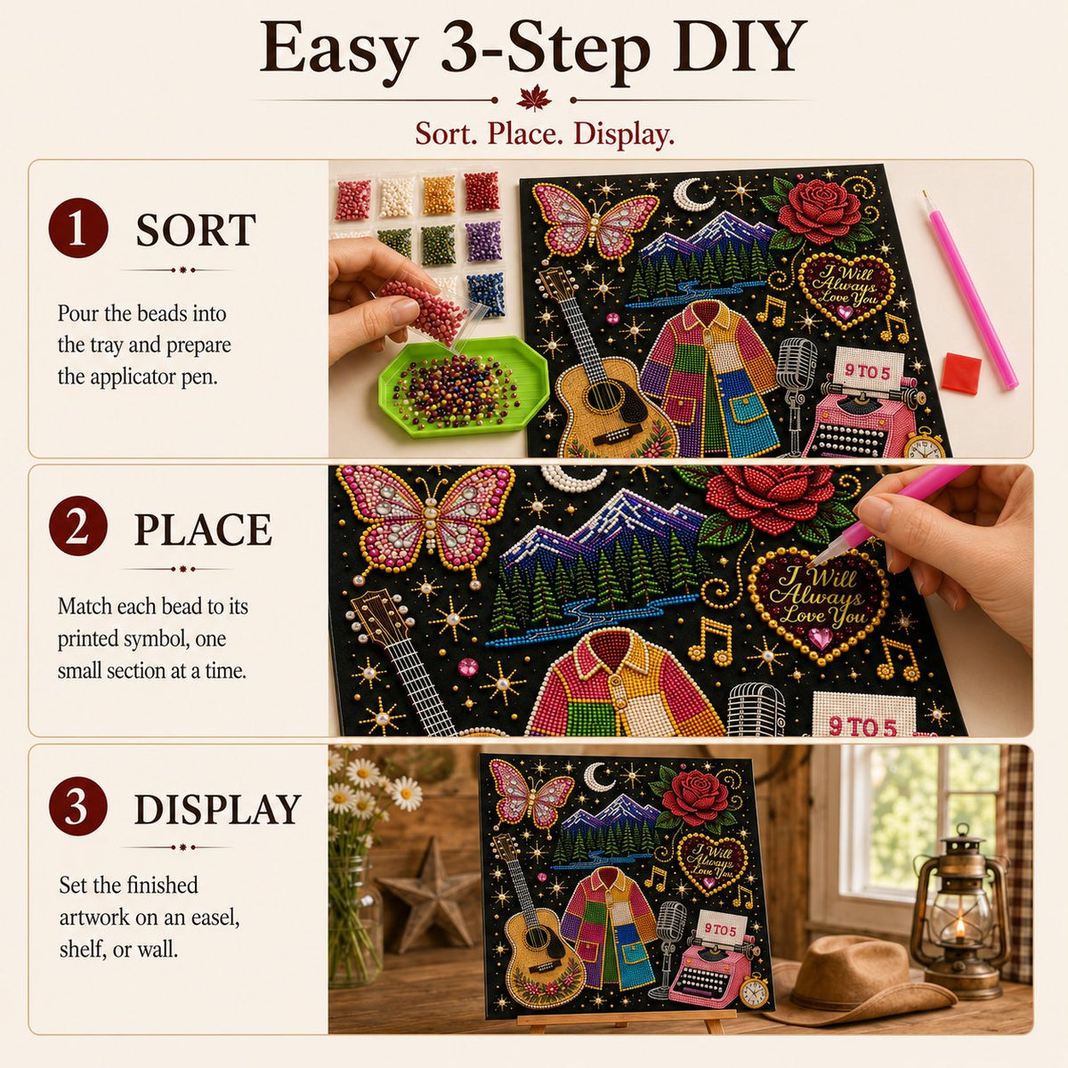🎤 3D Pearl Country Music Tribute Art Kit – DIY Beaded Keepsake Canvas