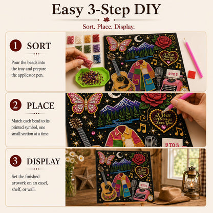 🎤 3D Pearl Country Music Tribute Art Kit – DIY Beaded Keepsake Canvas