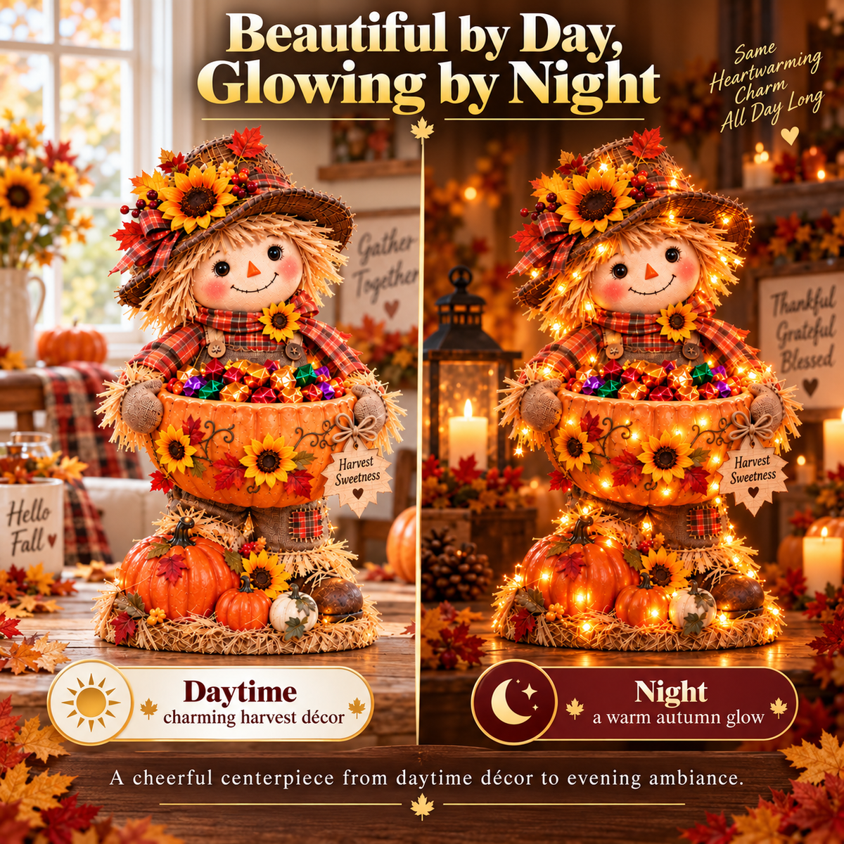 🍂 Harvest Buddy™ – Lighted Scarecrow Candy Bowl & Thanksgiving Centerpiece