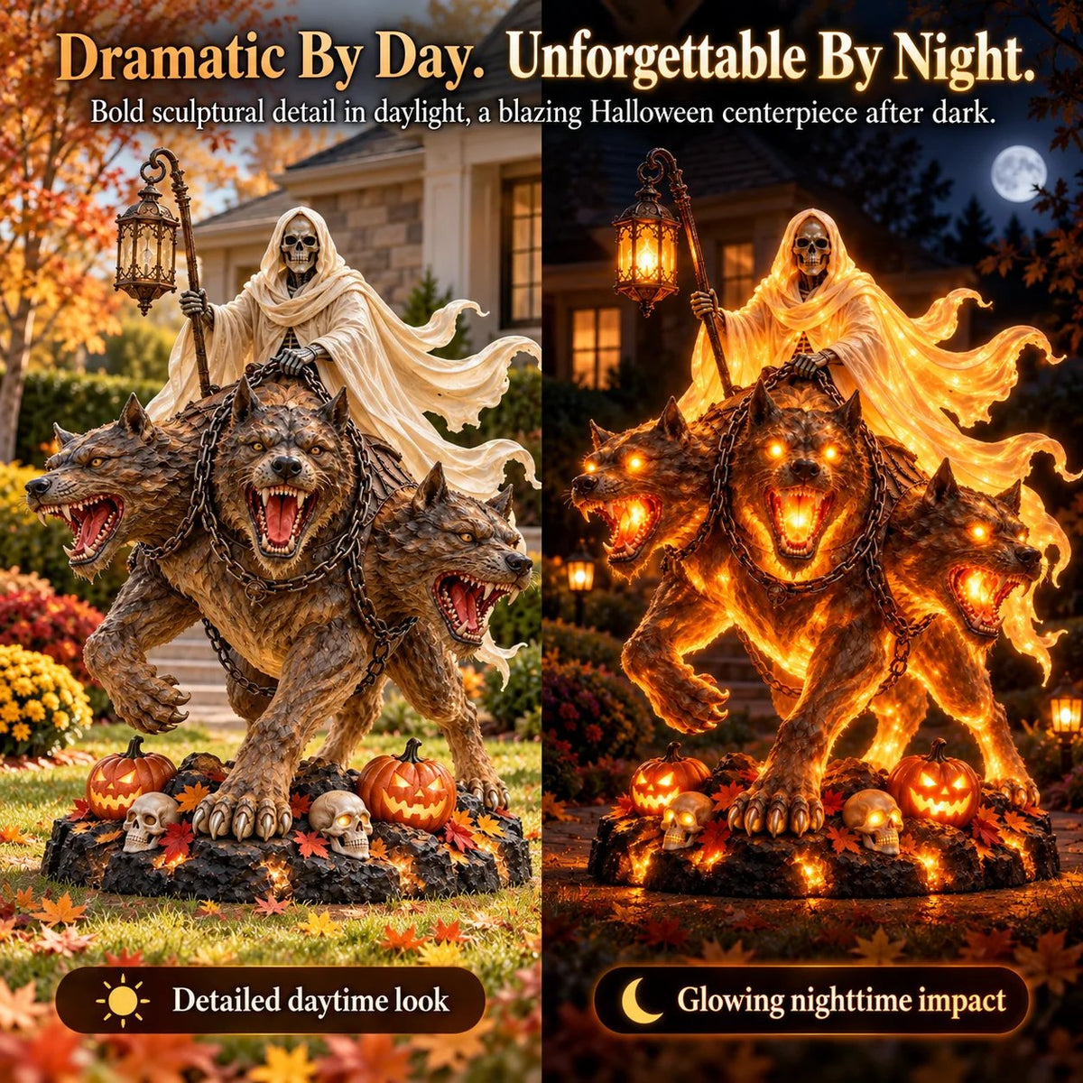 💀🔥 Cerberus Grim Reaper Lighted Statue | Three-Headed Hellhound Halloween Guardian with Lantern