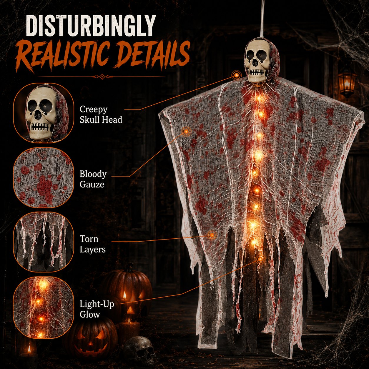 🩸Light-Up Bloody Hanging Ghost – 💀Creepy Skeleton Halloween Porch & Haunted House Decor