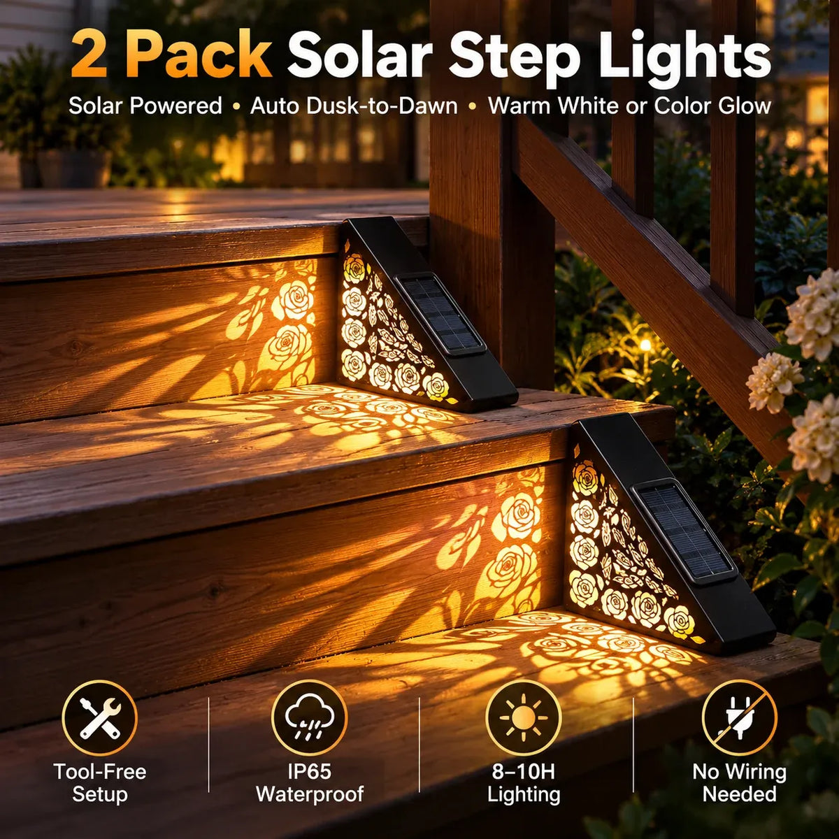 🔥Hot sales✨2-Pack Solar Step Lights | Dusk-to-Dawn Outdoor Lighting with IP65 Weather Resistance & No Wiring 🌙