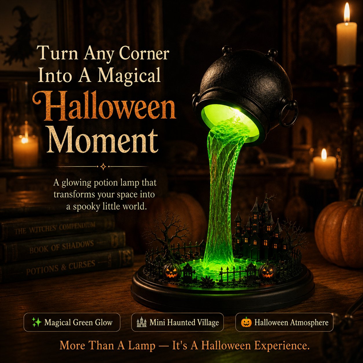 🔥 LAST DAY 49% OFF – 🧙‍♀️ Glowing Witch Cauldron Desk Lamp | Spilling Green Magic Light with Haunted Castle, Pumpkins & Gothic Halloween Vibes 🧪✨