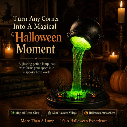 🔥 LAST DAY 49% OFF – 🧙‍♀️ Glowing Witch Cauldron Desk Lamp | Spilling Green Magic Light with Haunted Castle, Pumpkins & Gothic Halloween Vibes 🧪✨
