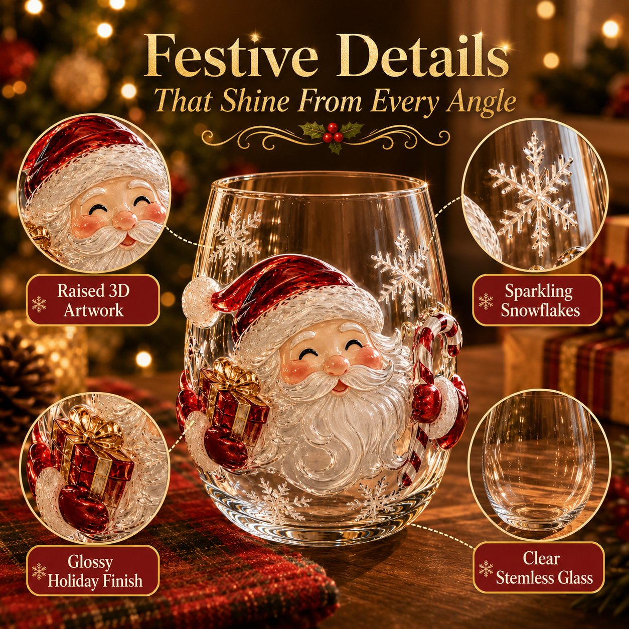 ✨🎅 LAST DAY 49% OFF –🎄 ✨ Magical Christmas 3D Glass Cup | Raised Festive Artwork, Sparkling Details & Holiday Gift Drinkware 🎅💎