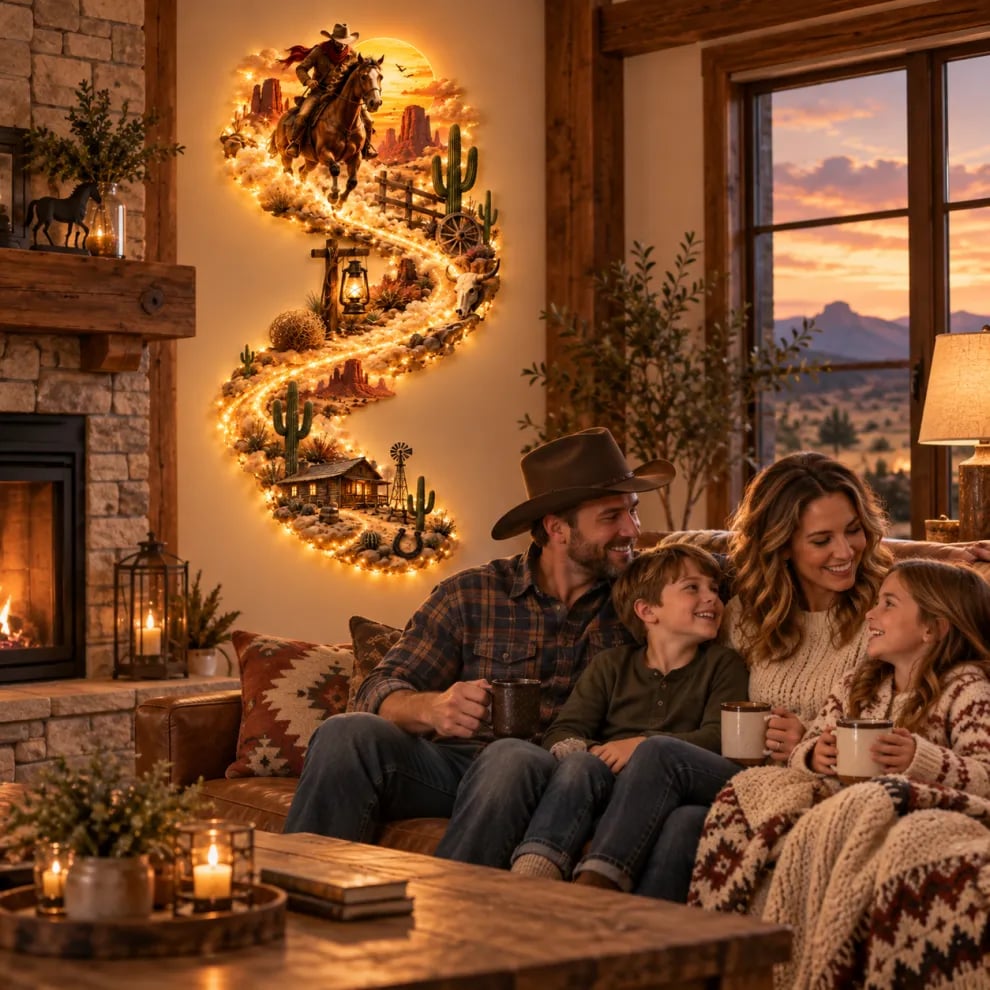 🤠 Western Cowboy LED Wall Decor – Lighted Wild West Desert Scene with Horseback Rider, Cactus & Ranch Details