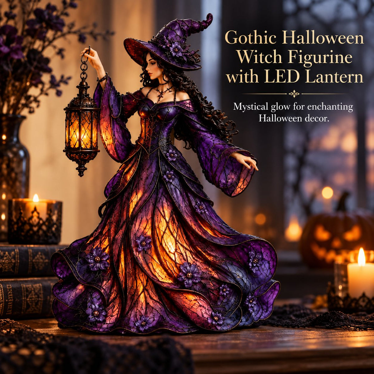 🧙‍♀️ Enchanted Gothic Witch Lantern™ – Lighted Halloween Figurine for Mantel & Home Decor