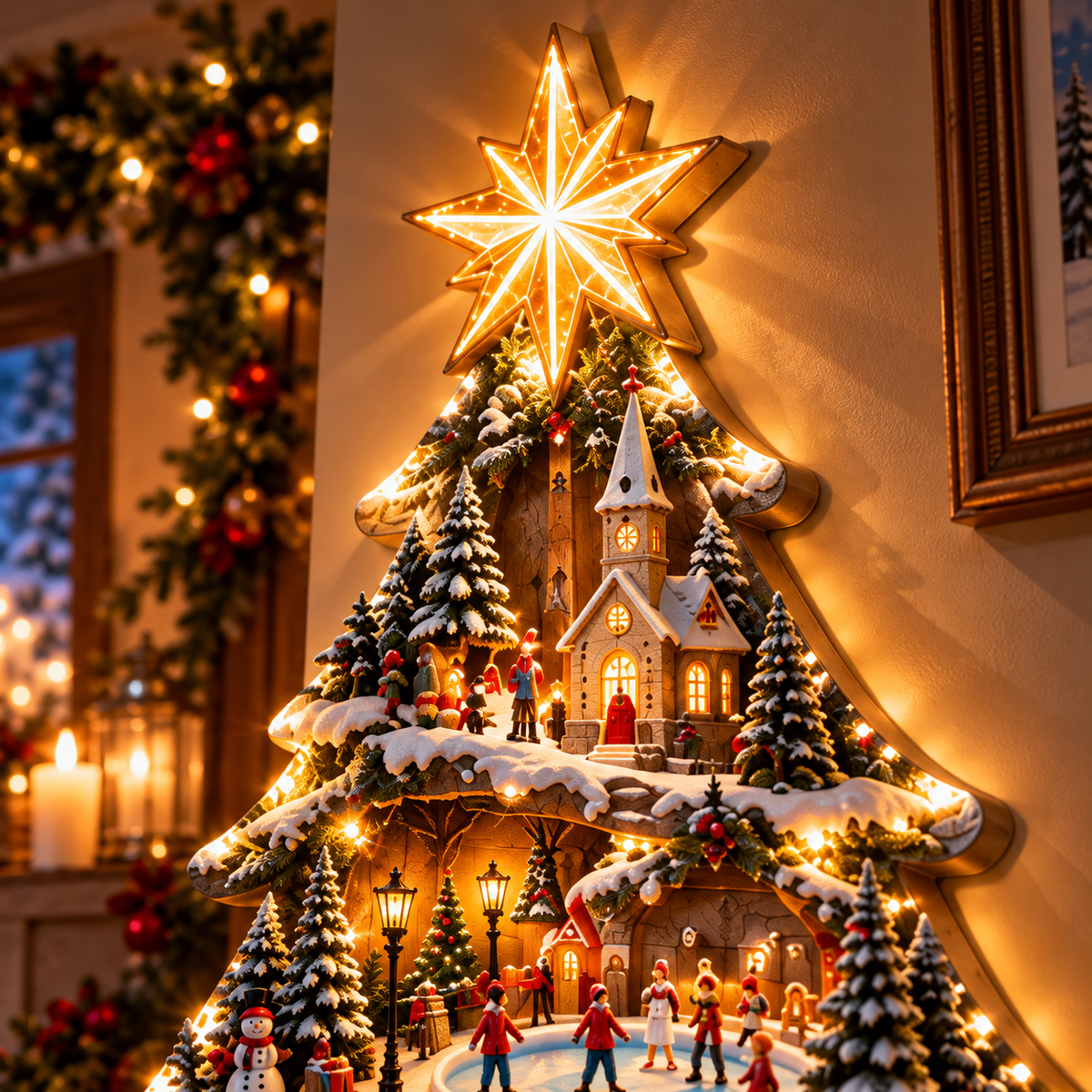 🎄✨ Christmas Wonderland – 3D Lighted Christmas Tree Wall Art with Magical Winter Village