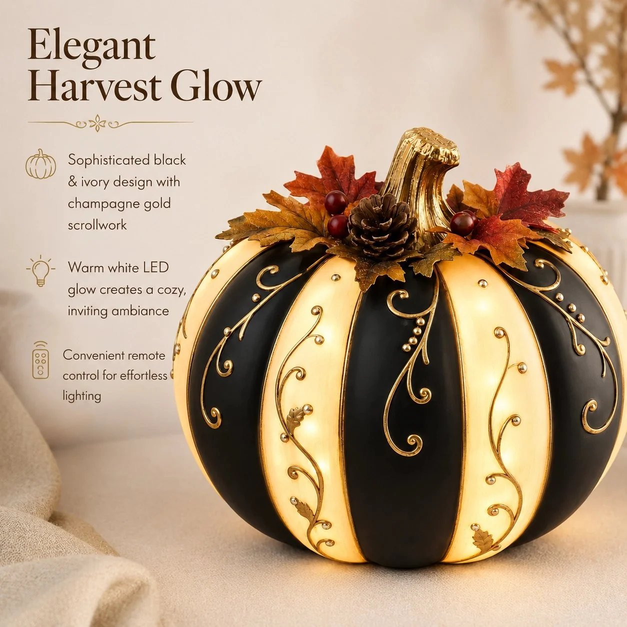 🎉Lighted Black & Ivory Pumpkin Decor with Remote