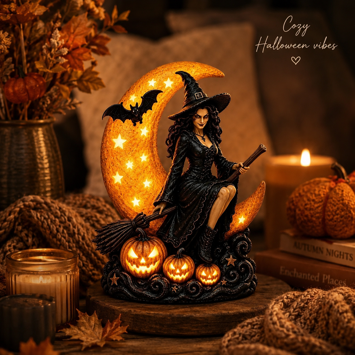 🔥🎃60% OFF Lighted Witch on Crescent Moon with Pumpkins LED Halloween Tabletop Lamp