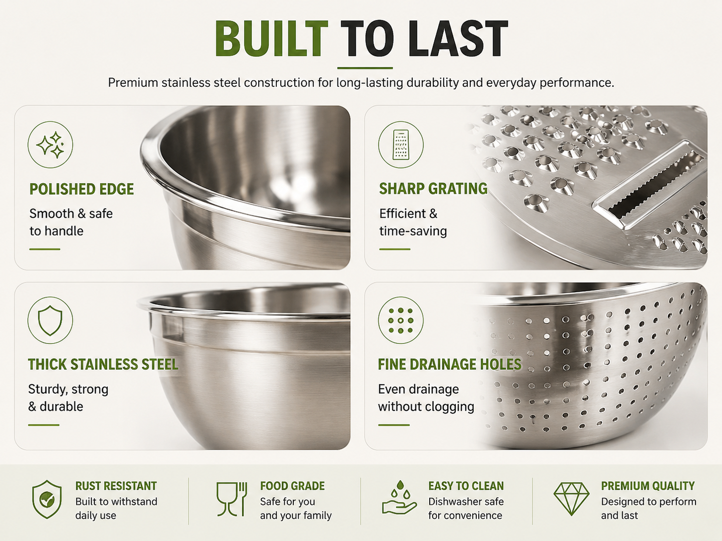 🥗 3-in-1 Stainless Steel Prep Bowl Set – Grate, Rinse, Mix & Serve