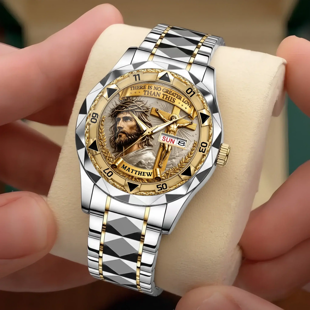 Silver and gold Christian Crucifix Watch