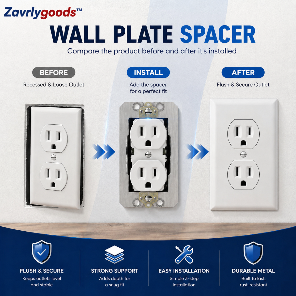 ZAVRLYGOODS™ Wall Plate Spacers for Electrical Outlets – Heavy-Duty Metal Outlet Leveling Plates for Loose, Recessed & Crooked Boxes