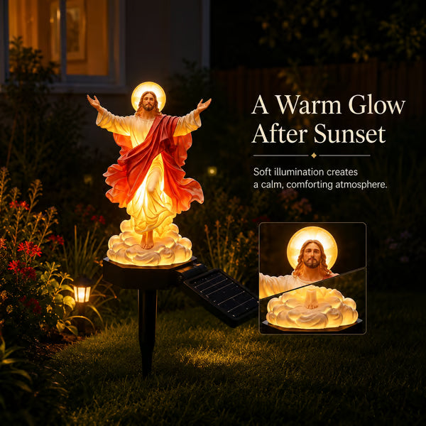 Jesus garden statue glowing beside a home at night, with an inset close-up of its halo and sculpted details