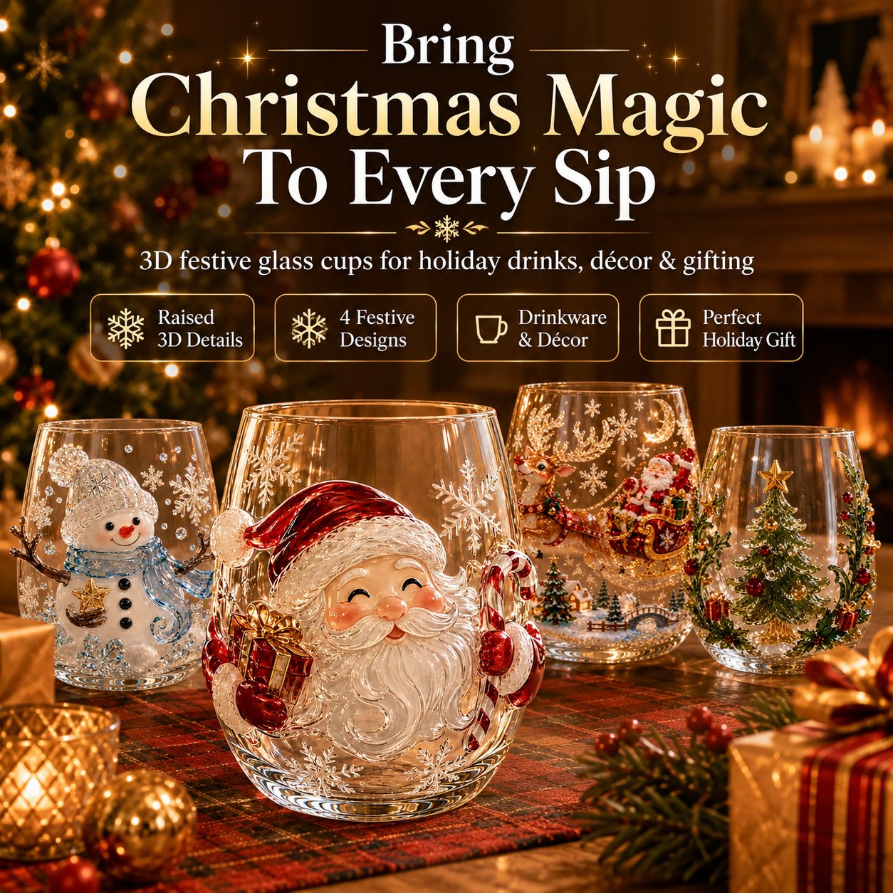 ✨🎅 LAST DAY 49% OFF –🎄 ✨ Magical Christmas 3D Glass Cup | Raised Festive Artwork, Sparkling Details & Holiday Gift Drinkware 🎅💎